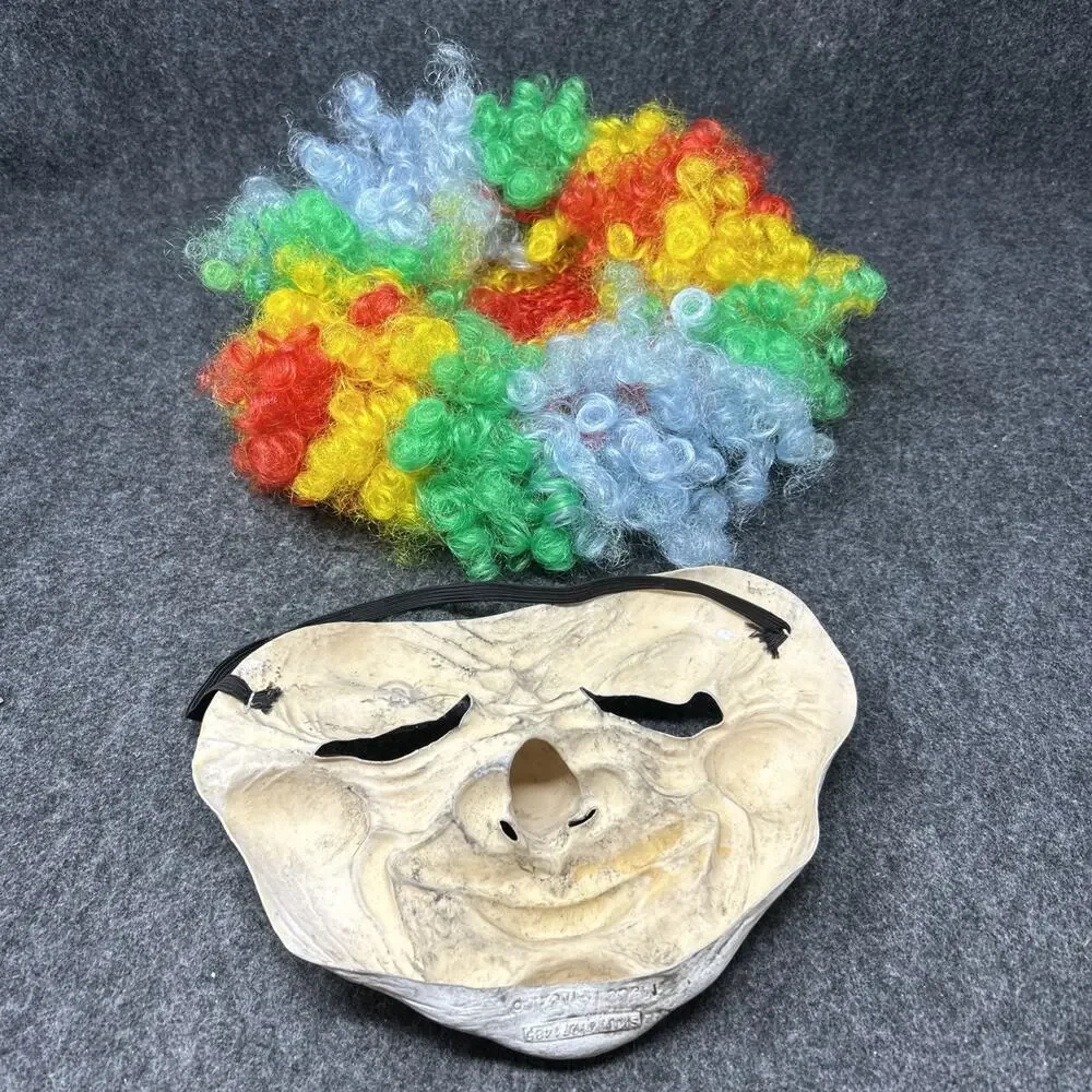 Creepy Horror Clown Mask Rainbow Wig Halloween Costume Accessories 2pc Bundle